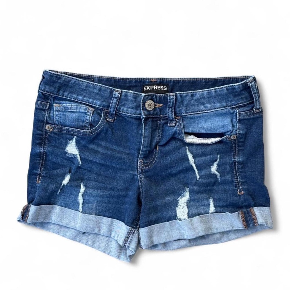 Express Dark-Wash Midi Low Rise Jean Shorts